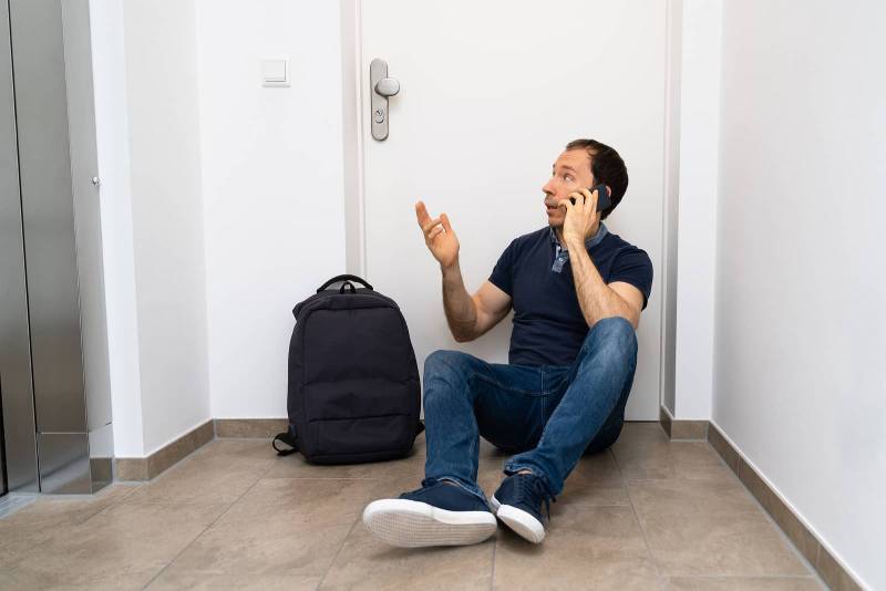 Man locked out of his home sitting on the floor while calling for help – House Lockout Service by Locksmith On Demand.